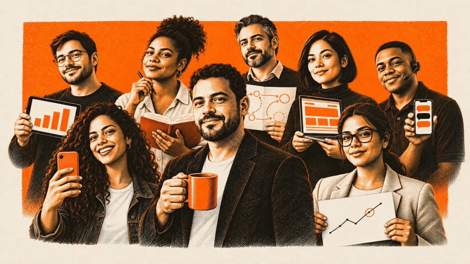 O Frank com a caneca laranja, à frente dos 7 assistentes de IA do time